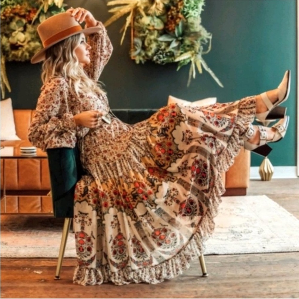 NWT Free People Feelin’ Groovy Maxi Dress Sand Combo XS